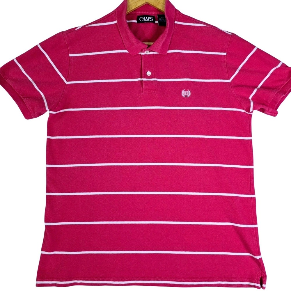 Chaps Golf‎ Polo Shirt Mens Large Pink White Striped Short Sleeve 100% Cotton